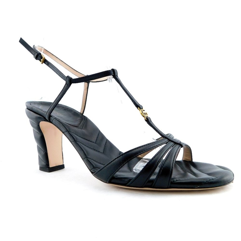 GUCCI GG Logo T-strap Black Quilted Leather Block Heel Ankle Sandals 40.5 - Picture 2 of 11